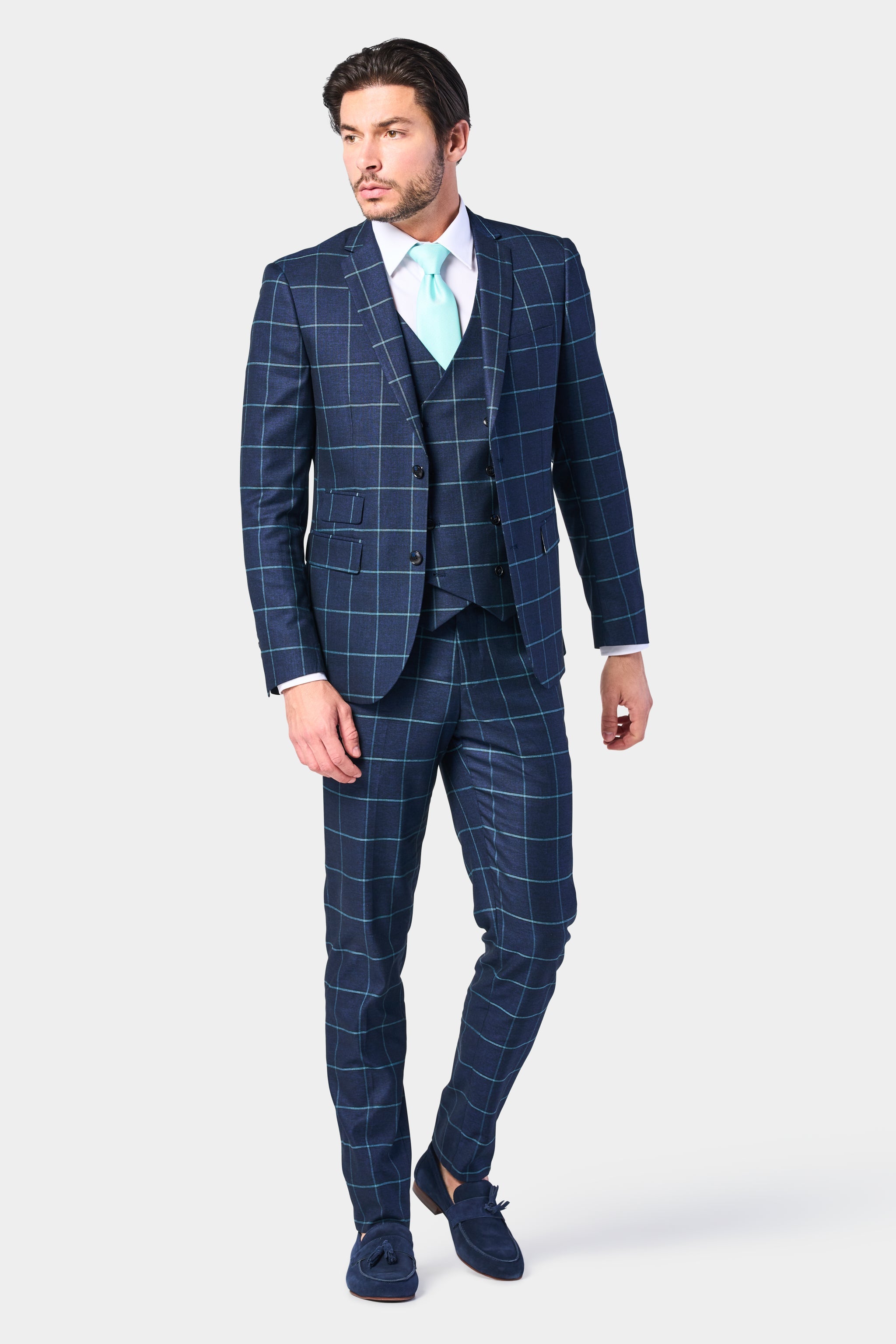 Navy and Teal Window Pane Piece Suit