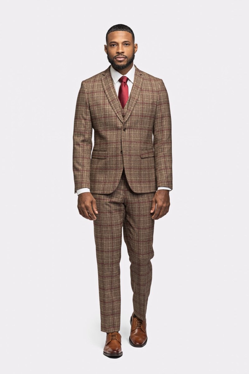 Brown Burgundy Plaid Flannel 3 Piece Suit - MenSuits