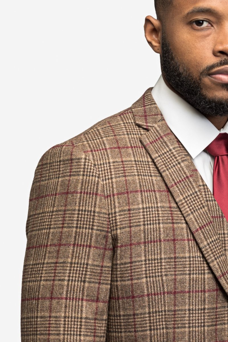 Brown Burgundy Plaid Flannel 3 Piece Suit - MenSuits