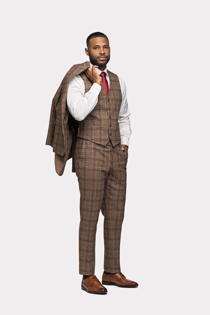 Brown Burgundy Plaid Flannel 3 Piece Suit - MenSuits