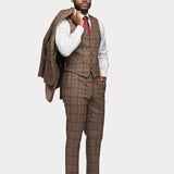 Brown Burgundy Plaid Flannel 3 Piece Suit - MenSuits