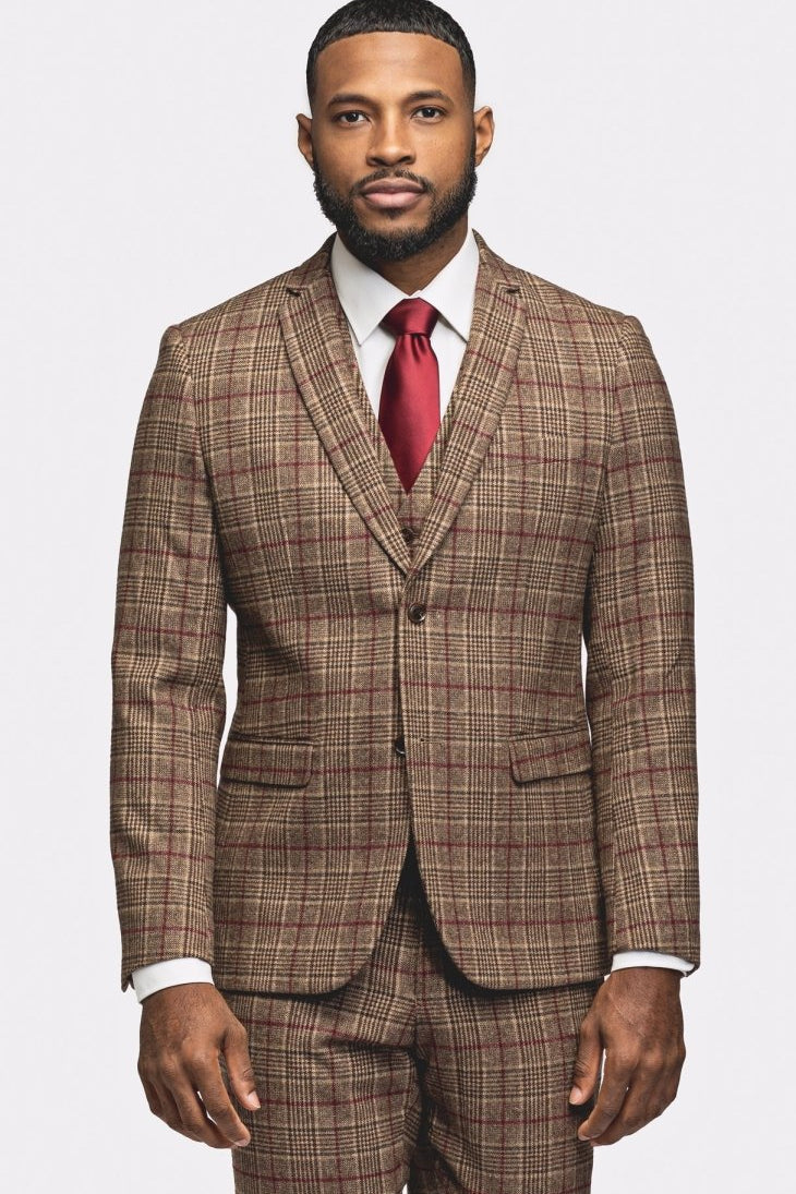 Brown Burgundy Plaid Flannel 3 Piece Suit - MenSuits