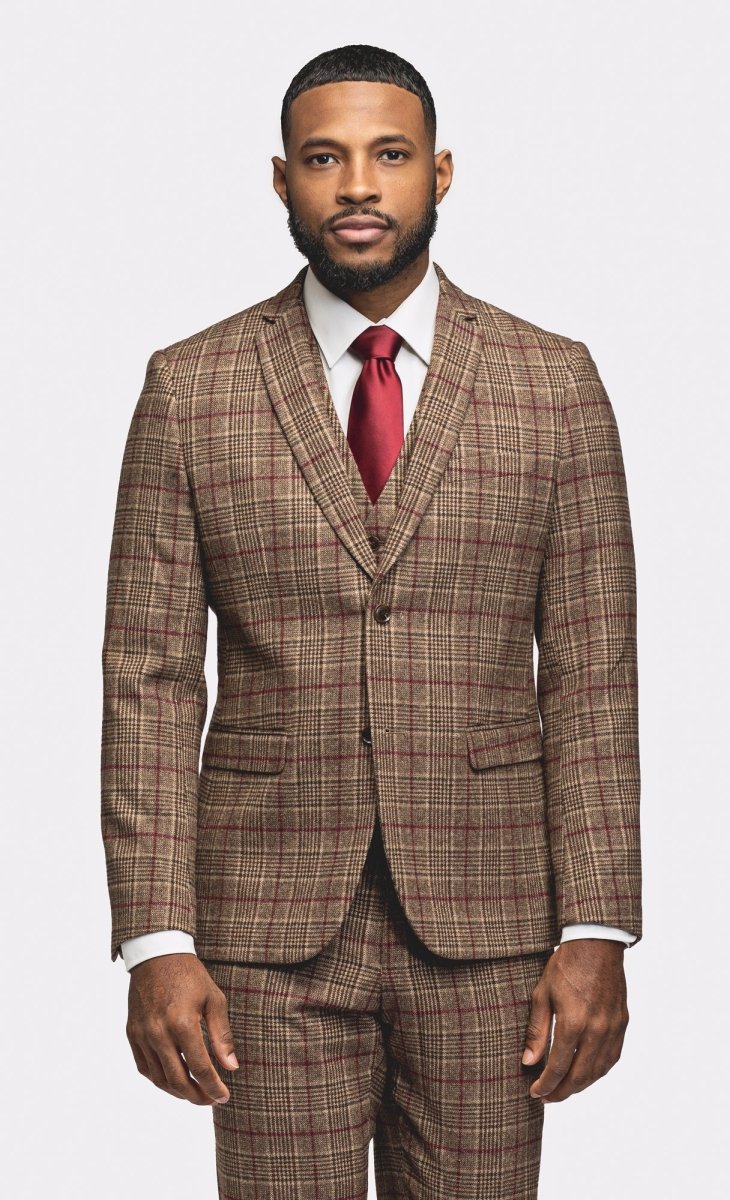 Brown Burgundy Plaid Flannel 3 Piece Suit - MenSuits