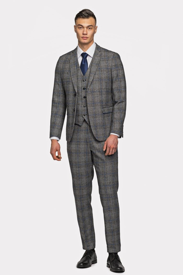 Gray Blue Flannel Plaid 3 Piece Suit - MenSuits