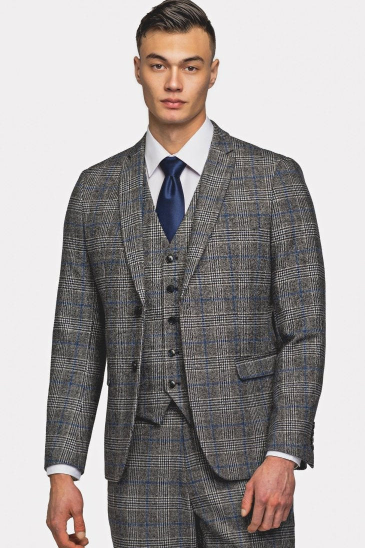 Gray Blue Flannel Plaid 3 Piece Suit - MenSuits