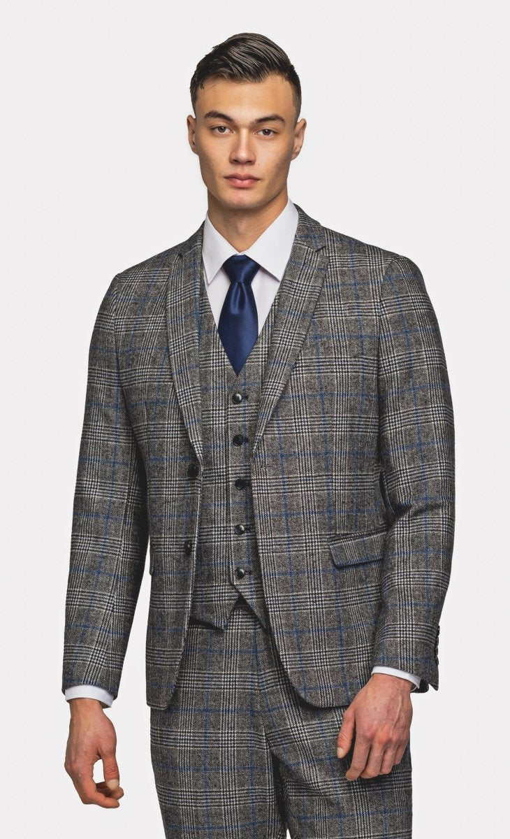 Gray Blue Flannel Plaid 3 Piece Suit - MenSuits